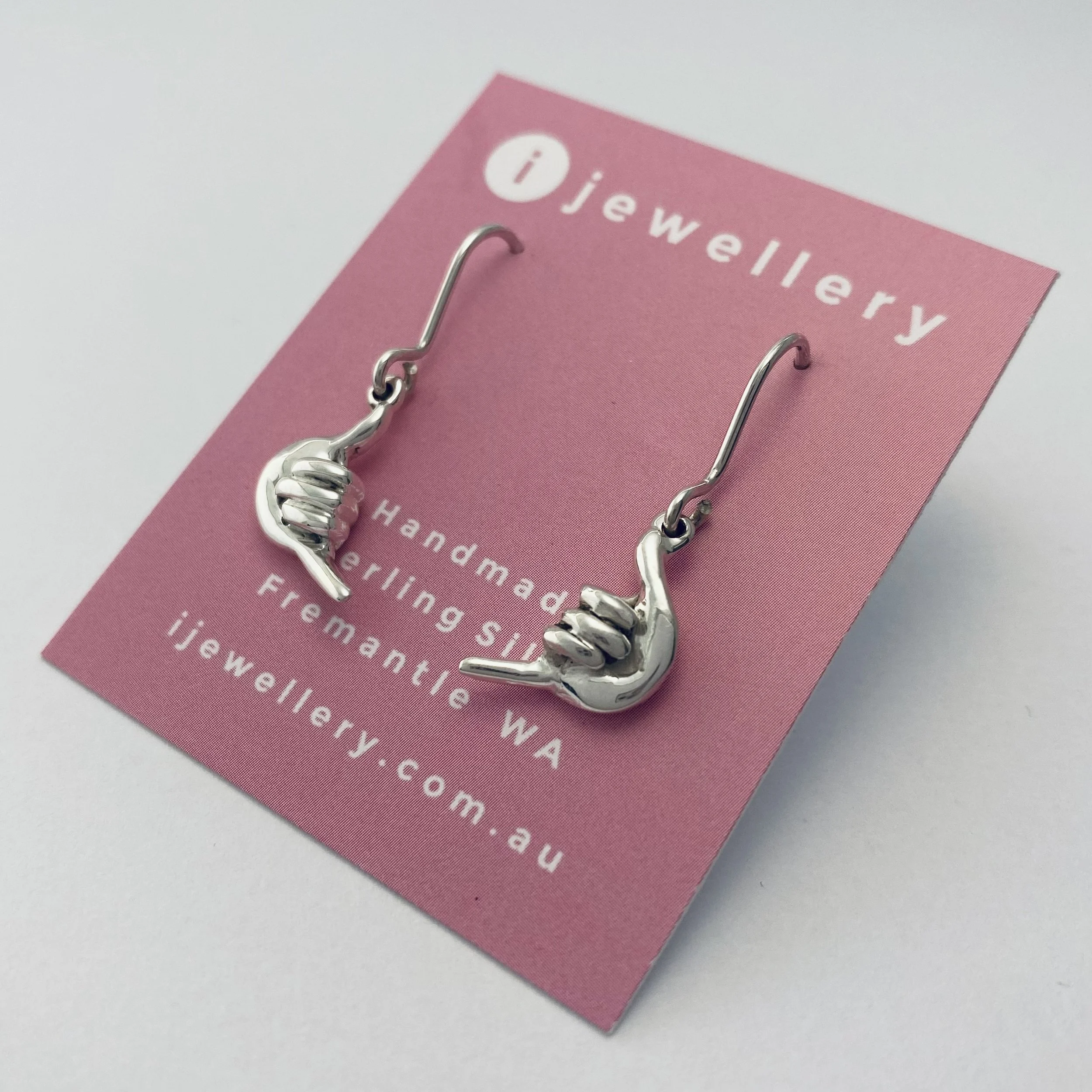 Silver Shakas Hang Loose Drop Earrings sideways i j e w e l l e r y